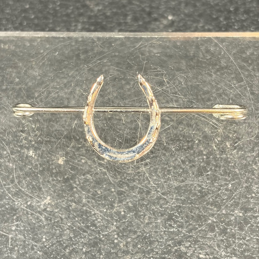 Vintage Horseshoe Safety Pin Brooch Silver Tone Equestrian Lucky Charm Stock Pin